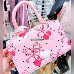 Betsey Johnson LBevie Coquette Bow Cherry Hearts Pink Satchel Crossbody Purse